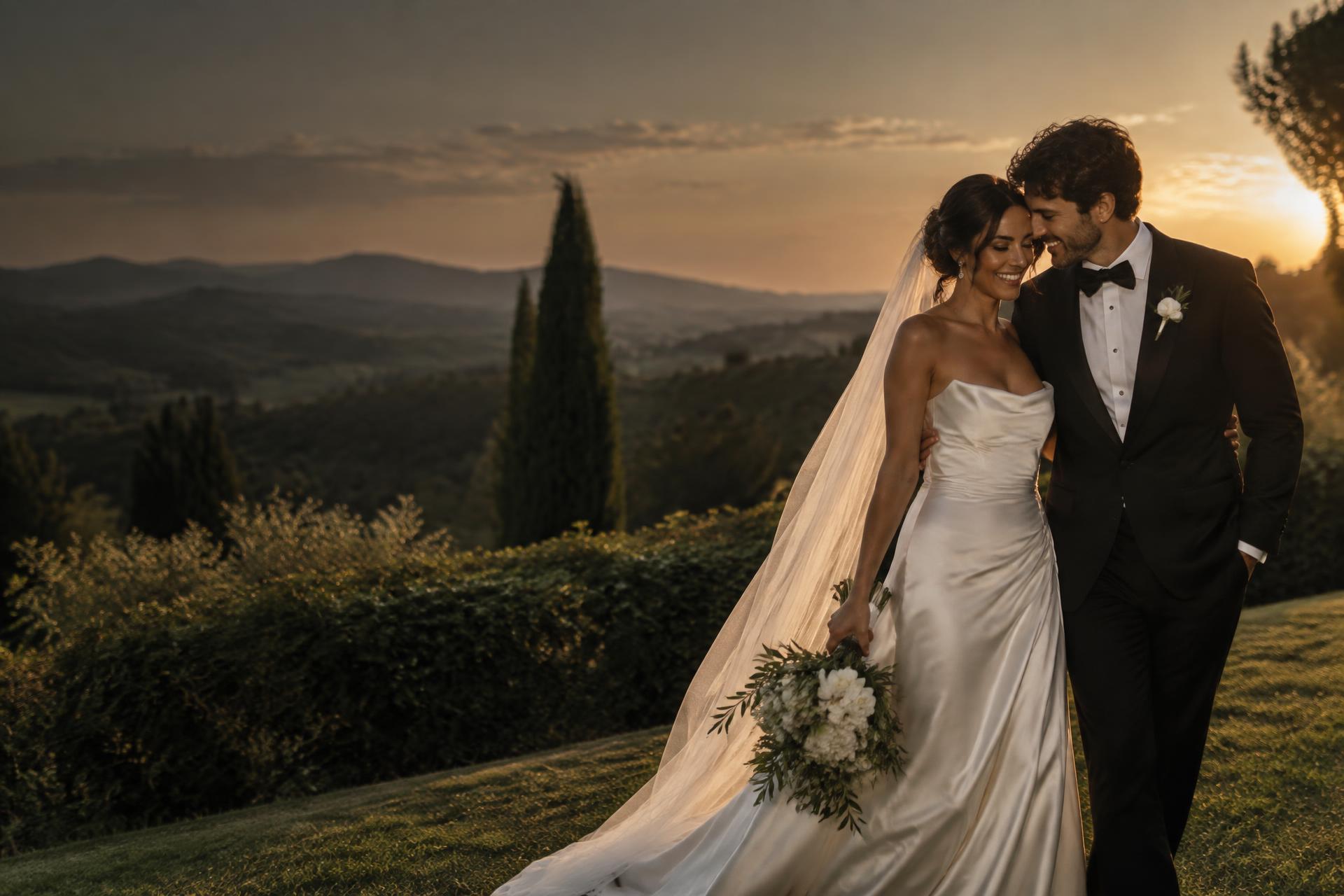 Casal de noivos ao pôr do sol