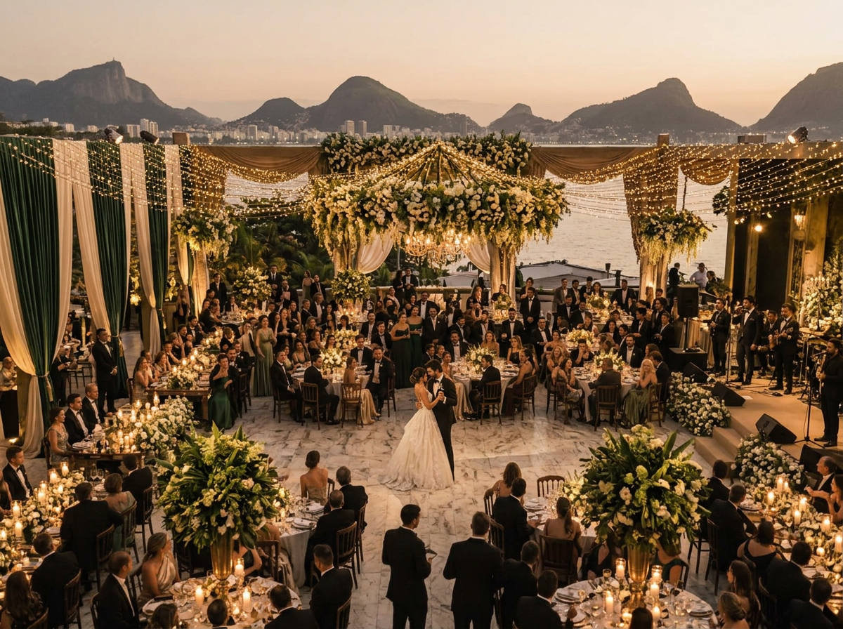 Vista geral da celebração do casamento com noivos, convidados e o salão decorado
